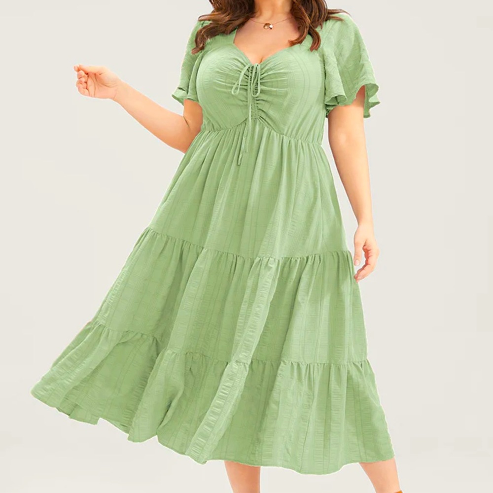 Plain Ruched Drawstring Pocket Ruffle Tiered Dress